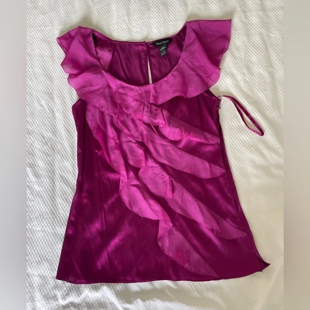 White House Black Market Silk Fuchsia Ruffled Blouse